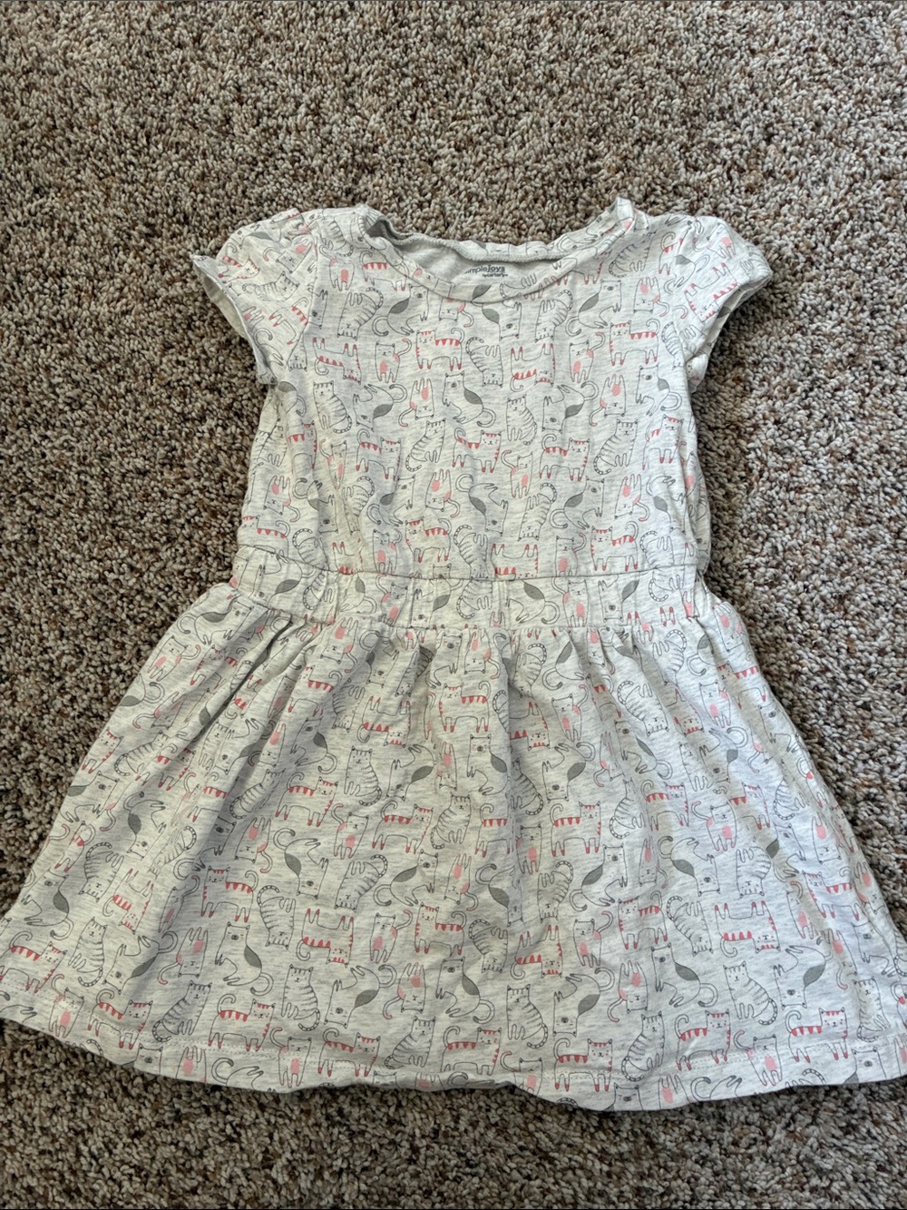Girls' Cream Cat-Print Short Sleeve Everyday Dress